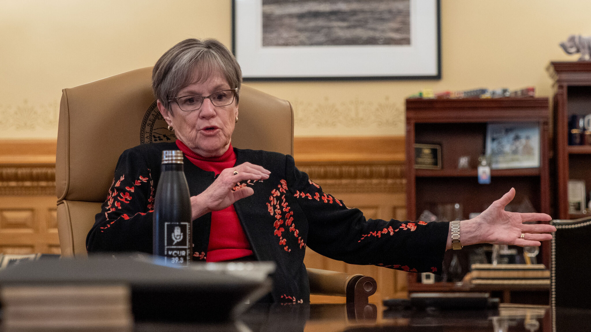 Gov. Laura Kelly answers questions from a reporter. File photo, February 2026.