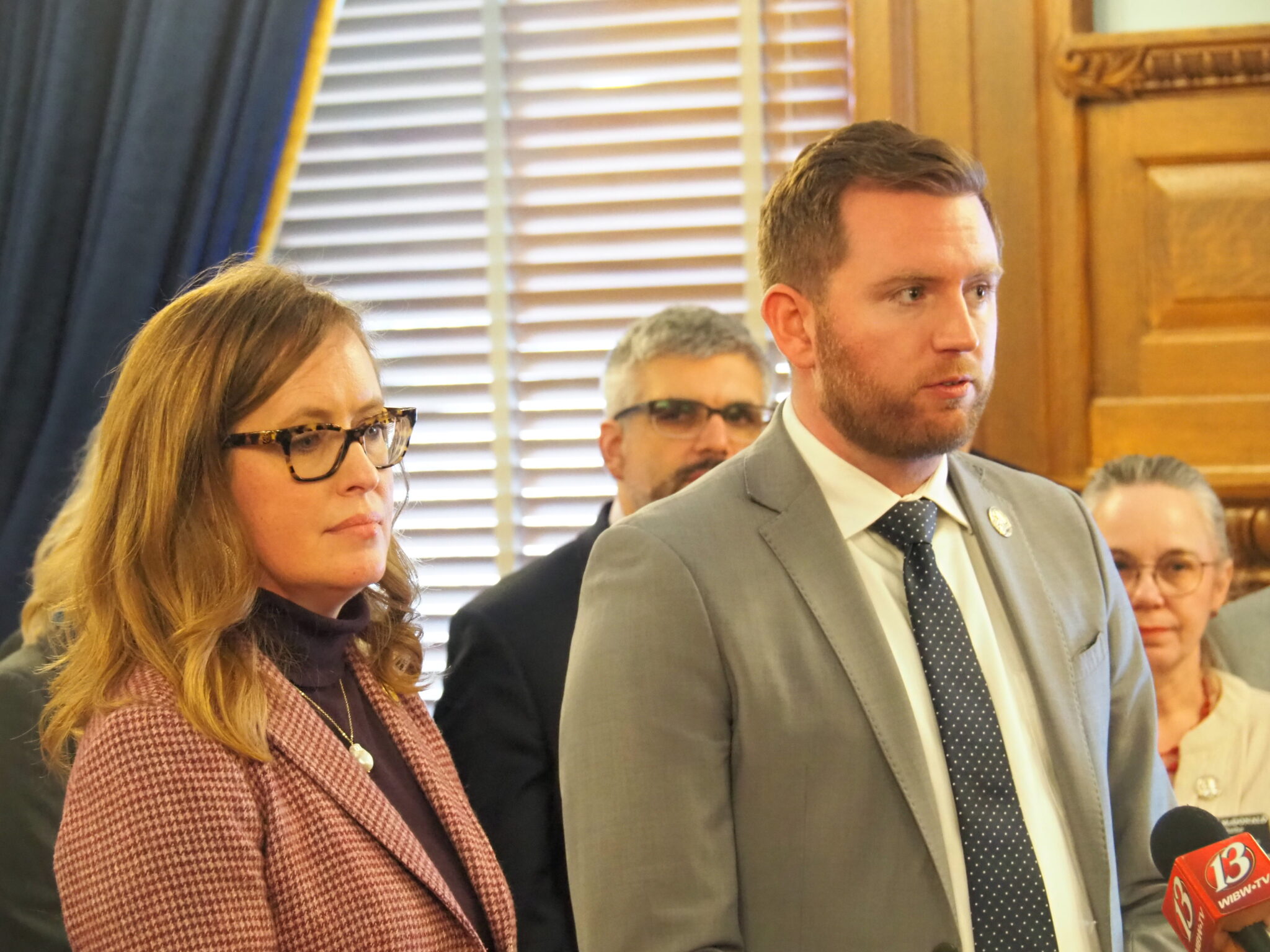 Senate Minority Leader Dinah Sykes and House Minority Leader Brandon Woodard discuss legislative priorities at the Capitol. File photo, Jan. 14, 2025.