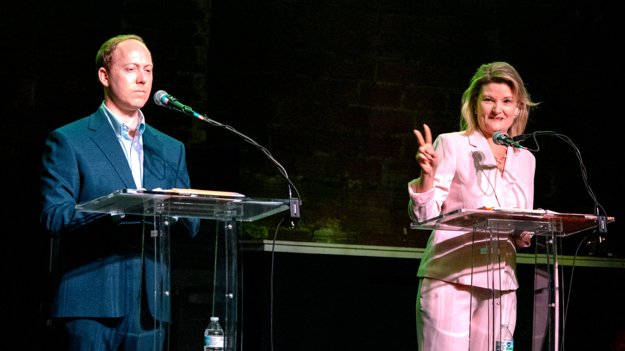 Sens. Ethan Corson and Cindy Holscher participate in a candidate forum at the Aztec Shawnee Theater. File photo, April 26, 2026.