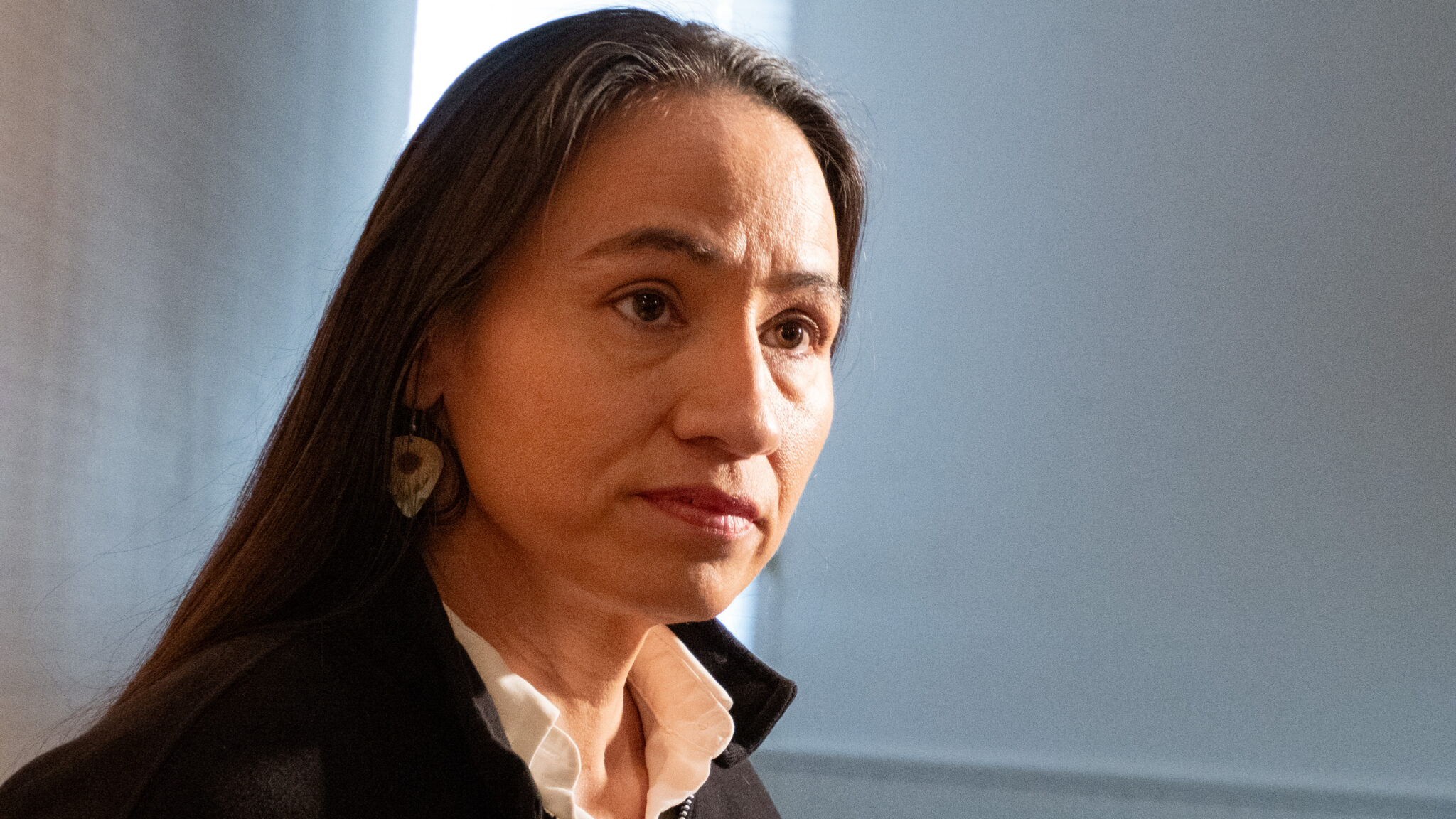 Rep. Sharice Davids at a news conference in Kansas City, Kansas. File photo, Feb. 28, 2025.