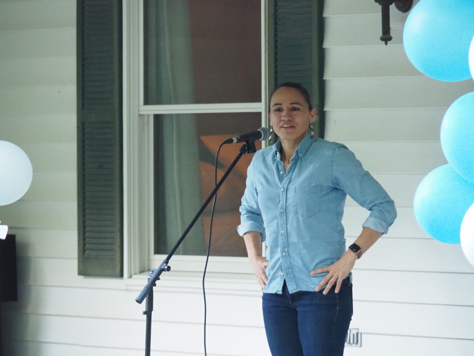 Rep. Sharice Davids speaks with Franklin County constituents in June 2022. File photo.