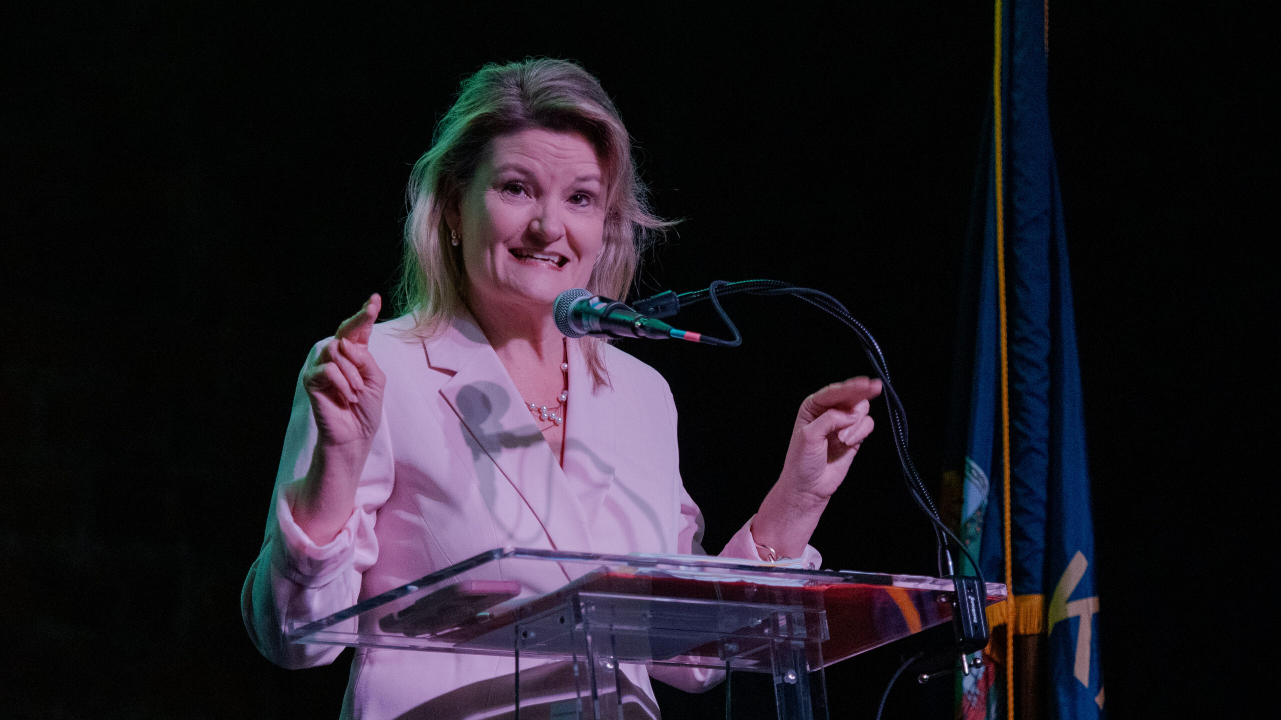 Sen. Cindy Holscher at a candidate forum in Shawnee on April 26, 2026. File photo.