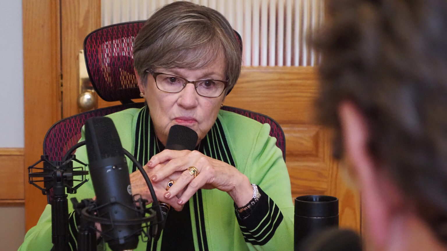 Gov. Laura Kelly during a Kansas Reflector interview in May 2025. File photo.