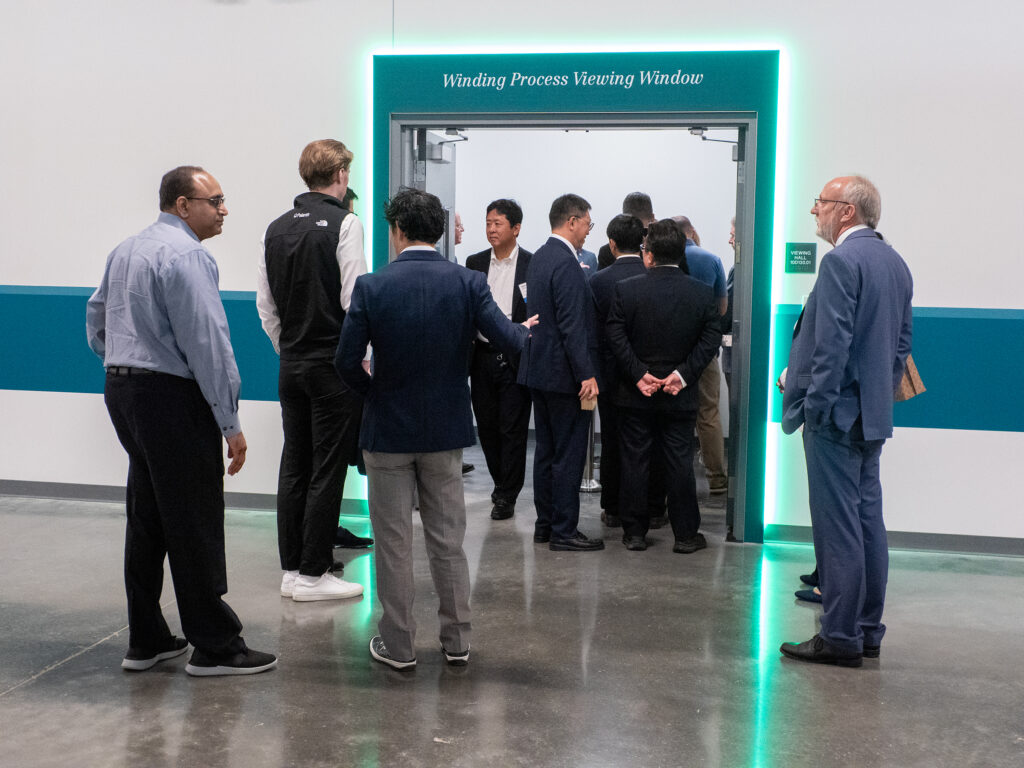 Visitors view the production floor at Panasonic’s De Soto battery plant in July 2025.